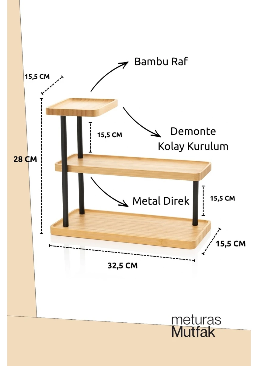 3 Katlı Bambu Düzenleyici Raf | Metal Ayaklı Şık ve Dayanıklı Baharatlık Sunum Stand 32,5 cm
